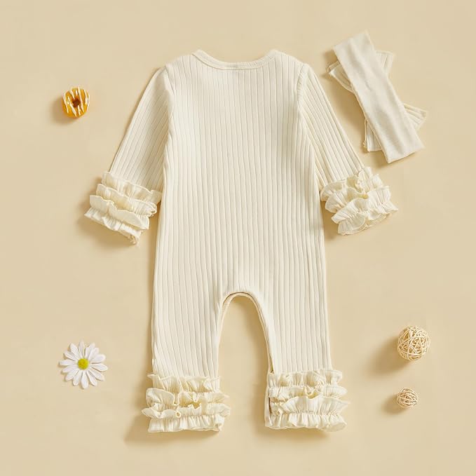 Newborn Baby Girl Clothes Jumpsuit Ruffle Romper Bodysuit Pants Headband - Image 4