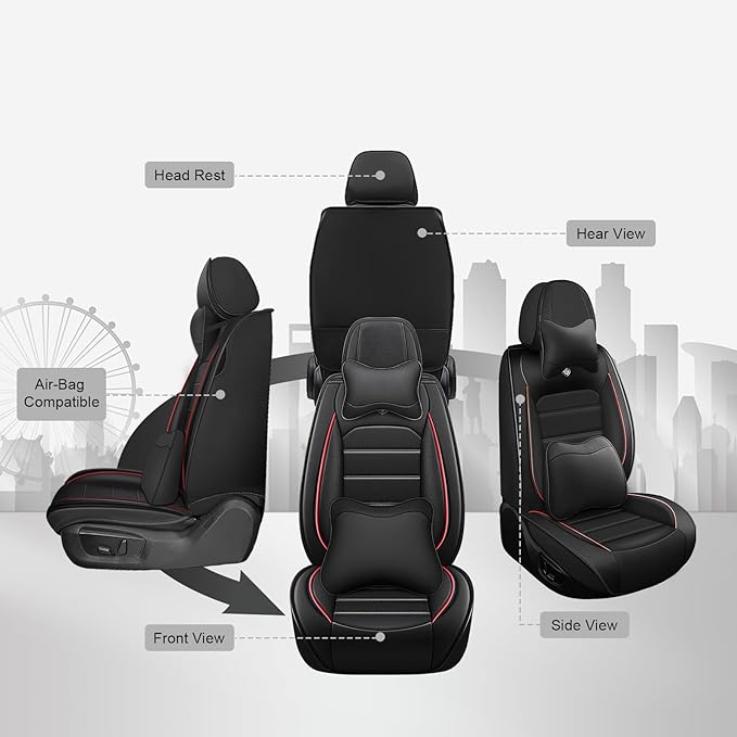 JOJ Car Seat Cover Fit for Toyota Highlander 2001-2025,7 Seat Car Seat Cover,No-Slip Waterproof Breathable Faux Leather,Full Set with Pillow Steering Wheel Covers,Black Red