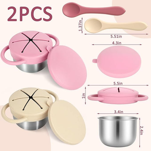 2 Pack Stainless Steel Toddler Snack Cups,Snack Containers For Kids,Baby Food Catcher Spill Proof,Bpa-Free,Food Grade Silicone,Spoon Is Included