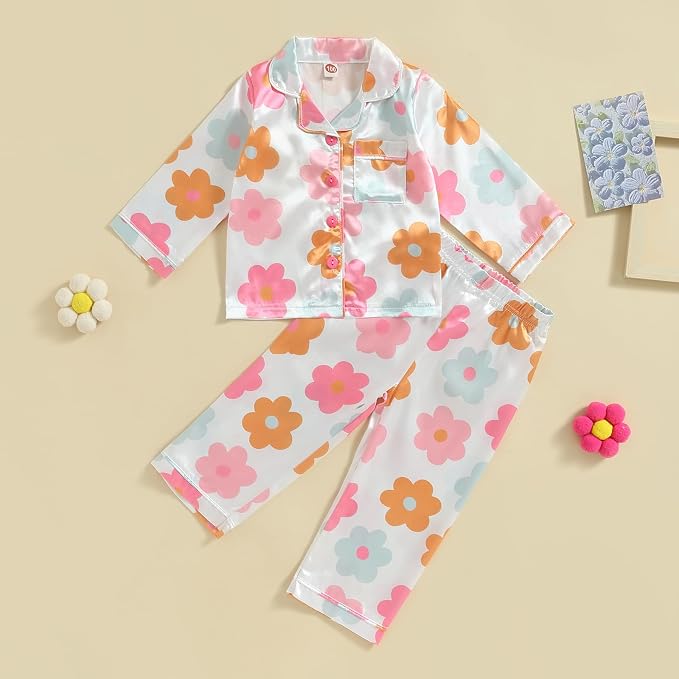 Kids Baby Girl Boy Satin Pajamas Set Button Down Sleep Shirt Top+Long Pants - Image 3