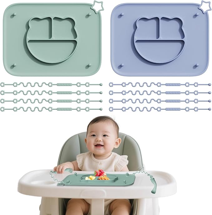 2 Pack Silicone Baby Placemats with Non-Slip Strong Suction Base and Anti-Drop 8 Stretchable Straps, BPA Free Food Grade Silicone Table Mats for Babies Toddlers, High Chair, Dining Tables, Green+Blue