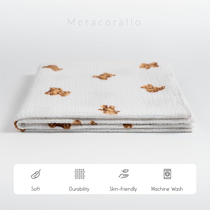 Meracorallo Muslin Swaddle Blanket, 100% Cotton Receiving Blanket, Bears | Soft - Image 4