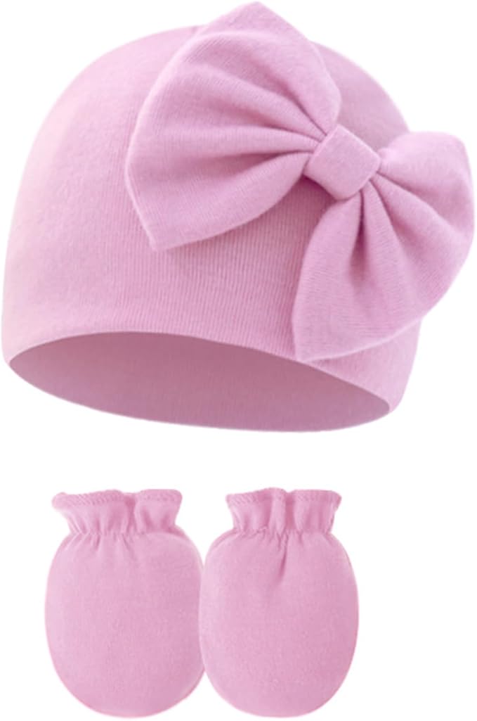 UTTPLL Newborn Beanies Cap No Scratch Mittens Set 0-6 Months Infant Bow Caps by UTTPLL
