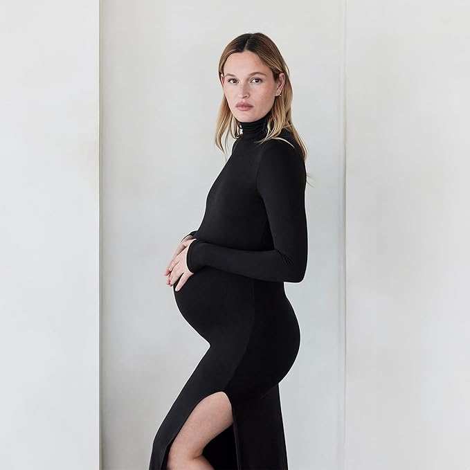 BUMPSUIT Maternity Maxi Dress Thigh High Slit, Women Long Sleeve Soft Stretchable Fabric Turtleneck Bodycon Pregnancy Dress