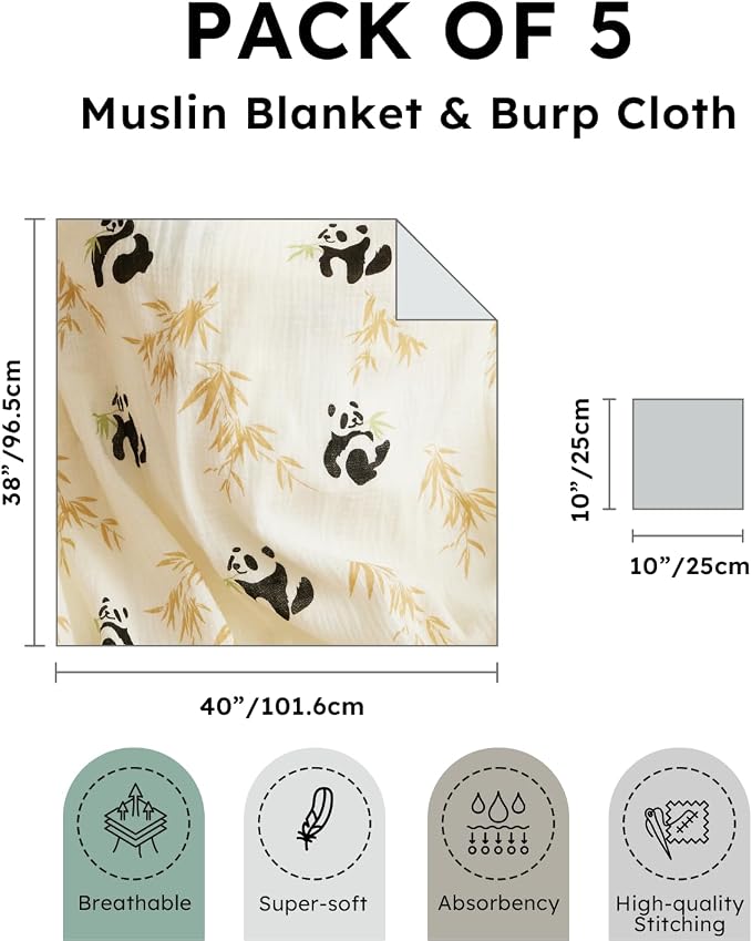 RILIHO 5 Pack Muslin Swaddle Blankets & Baby Burp Cloths, Soft & Breathable - Image 3