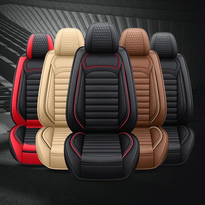 Leather Car Seat Covers for Toyota Corolla 2006-2024,Car Seat Covers Full Set,Seat Covers with Safety,Waterproof Seat Cover Compatible Airbag(5pcs Black&Red Bars Standard)