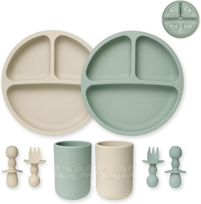 Hippypotamus Silicone Baby Feeding Set - Suction Toddler Plates, Weighted Toddler Cups & Baby-Safe Utensils - 100% Pure Food Grade Silicone - Set of 2 (Sage/Sand)
