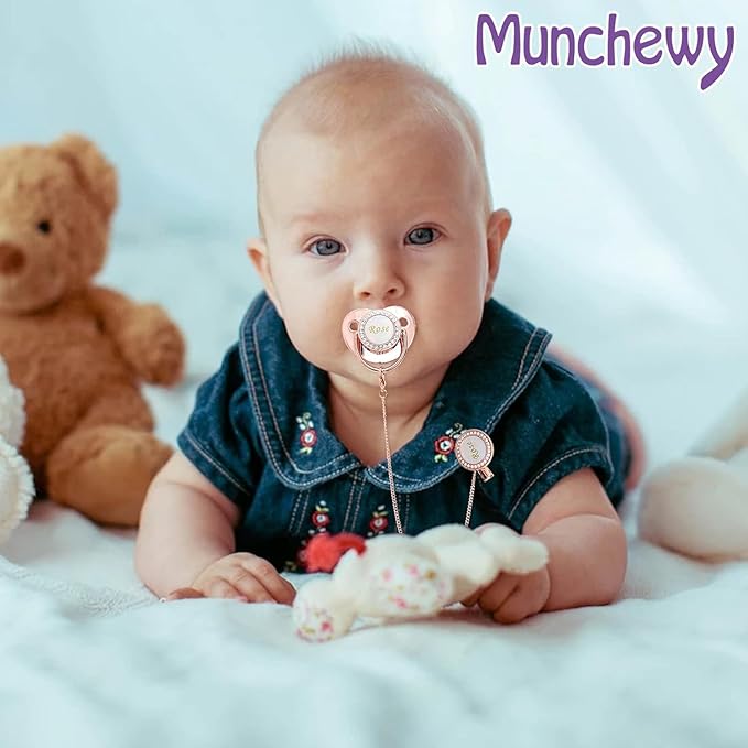 Personalized Pacifier with Name, Custom Pacifier Clip Set with Gift Box, Glitter Crystal Luxurious Bling Soother Dummy Ideal Gift for Baby Boys Girls Birthday Newborn Photography(Gold)
