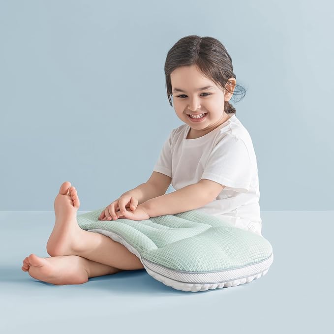 Reidio Toddler Pillows Double Sided Cooling Fabric & Breathable Mesh Kids Pillow Dual Heights Toddler Ergonomic Design Advanced Hose Filler Machine Washable (Blue Green, H2)