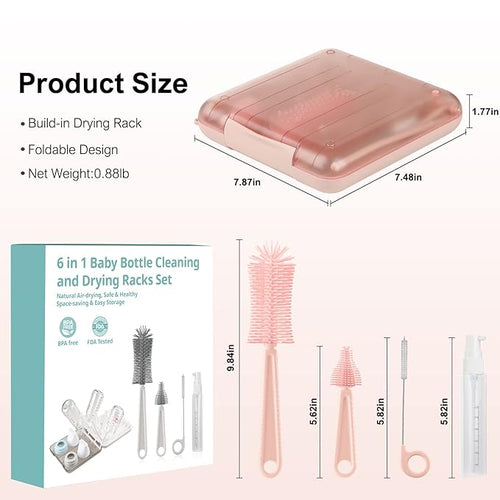 6 in 1 Baby Bottle Cleaner Set with Drying Rack,Silicone Baby Bottle Brush,Straw Brush,Nipple Brush,Soap Dispenser and Storage Box, Portable Baby Essentials for Home&Travel(Pink)