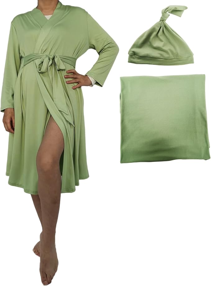 SUFEINI Maternity Robe and Matching Baby Swaddle Blanket Set, Mommy Robe by SUFEINI