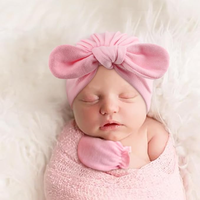BQUBO Baby Turban Hats and Mittens Set Newborn Infant Hospital Hats Caps - Image 3