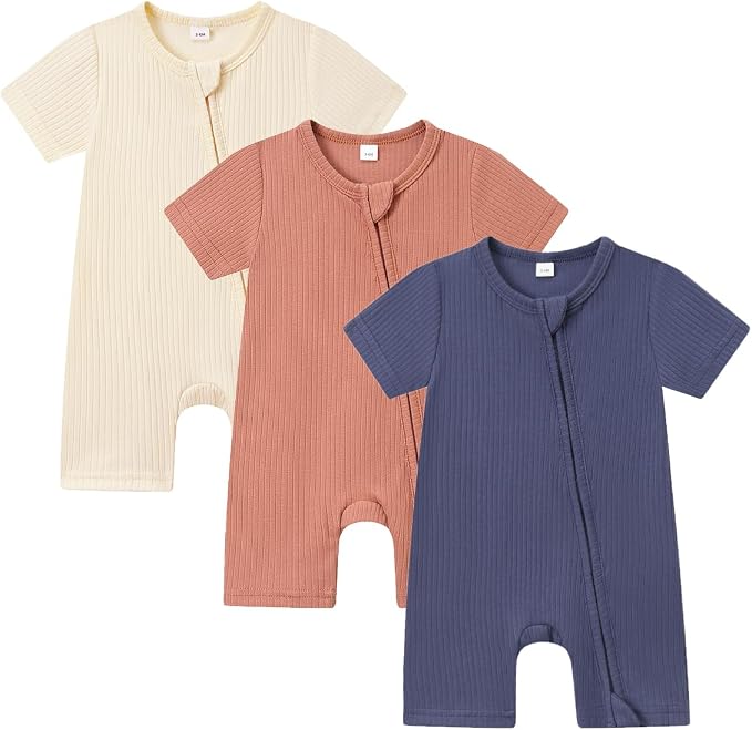 Bafeicao Baby Boy Girl 3 Pack Short Sleeve Rompers | 2 Way Zipper, Ribbed Cotton by Bafeicao
