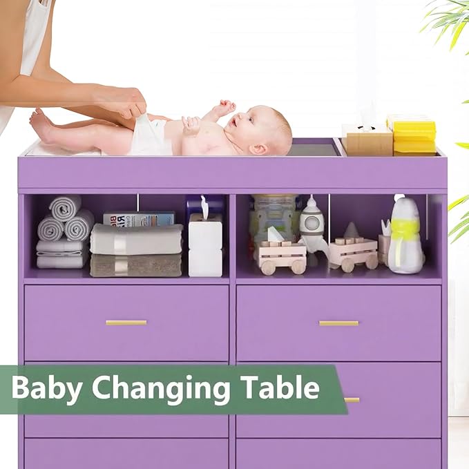 GarveeHome Dresser for Bedroom with 6 Drawers, Baby Changing Table Dresser with Changing Pad, LED Lights & Charging Station, Baby Changing Station with Changing Table Top