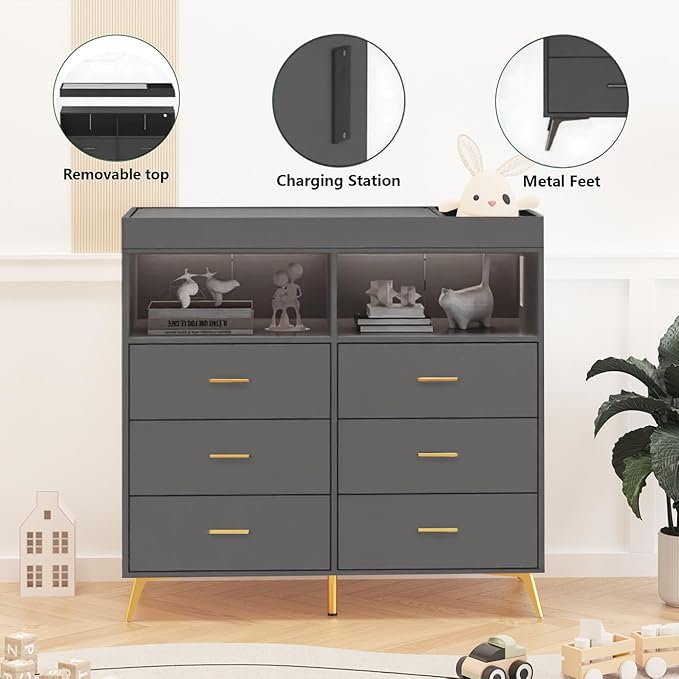 GarveeHome Dresser for Bedroom with 6 Drawers, Baby Changing Table Dresser with Changing Pad, LED Lights & Charging Station, Baby Changing Station with Changing Table Top