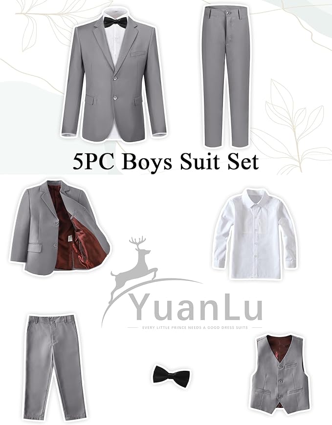 YuanLu Boys Suit for Kids Tuxedo Wedding Ring Bearer Outfit, 5 Piece Boy Slim Fit Formal Suits with Adjustable Waist