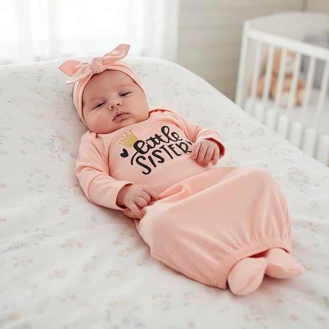 AMAWMW Newborn Baby Girl Little Sister Sleeper Gown Stripe Long Sleeve - Image 3