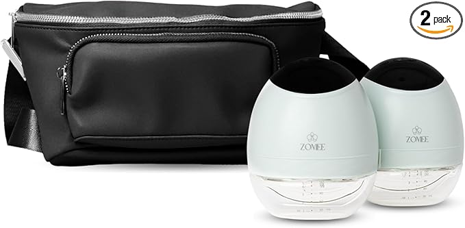 Zomee Fit Wearable Breast Pump, Hands Free, Portable,Discrete Electric Double Breast Pump Holds 5 oz -Wireless 2+ Hours of Battery Leak Proof Anti Backflow - Fanny Pack with Diaper Chaning Pad (Black)