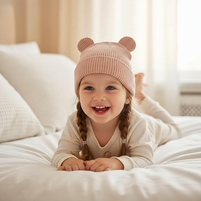 Hadetoto Cotton Baby Beanie Winter Knitted Hat, 2 Pack | Bear Ear Design - Image 3