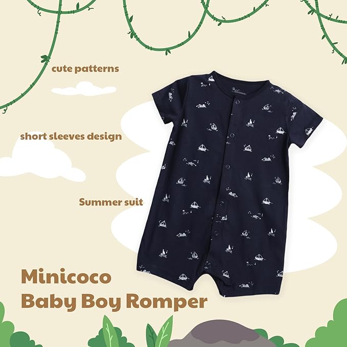 3-Pack 100% Cotton Baby Boy Rompers, 0-24Months Short Sleeve Toddler Romper - Image 2