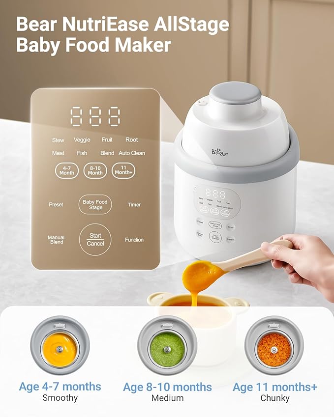 Bear NutriEase AllStage Stainless Steel Baby Food Maker Steamer and Blender, OneStep Baby Food Processor Puree Maker Grinder Mills, Auto Cooking&Grinding for Healthy Homemade Baby Food, BPA-Free