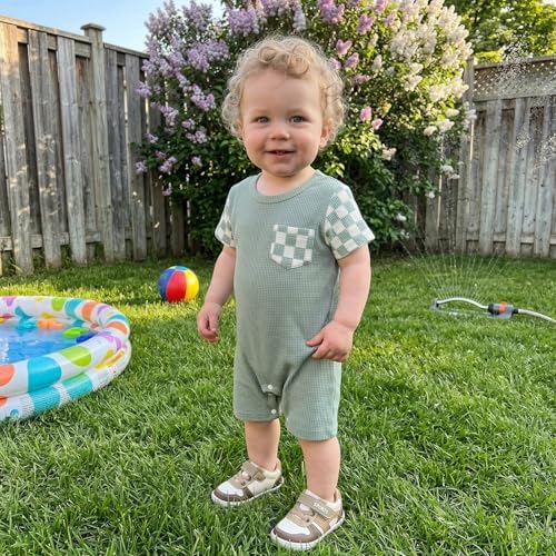 Newborn Baby Boy Girl Clothes Checkered Plaid Romper Waffle Knit Short Sleeve - Image 2