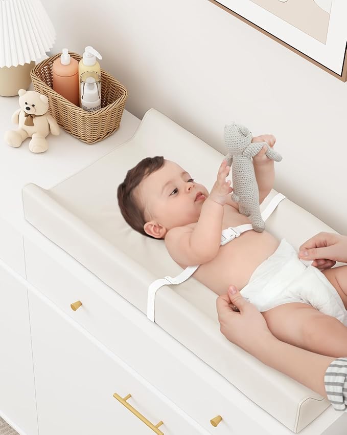 Wipeable Baby Changing Pad for Dresser and Table, Cozy Diaper Changing Pad with Waterproof & Wipe-Clean Leather Cover, Off-White