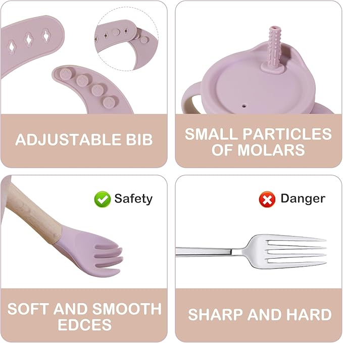 Silicone Baby Feeding Set | BPA-FREE |9 PCS Baby Led Weaning Supplies Self Feeding Utensils | Divided Suction Plate Bowl Bib Training Sippy Cup Spoon Fork (Pink)
