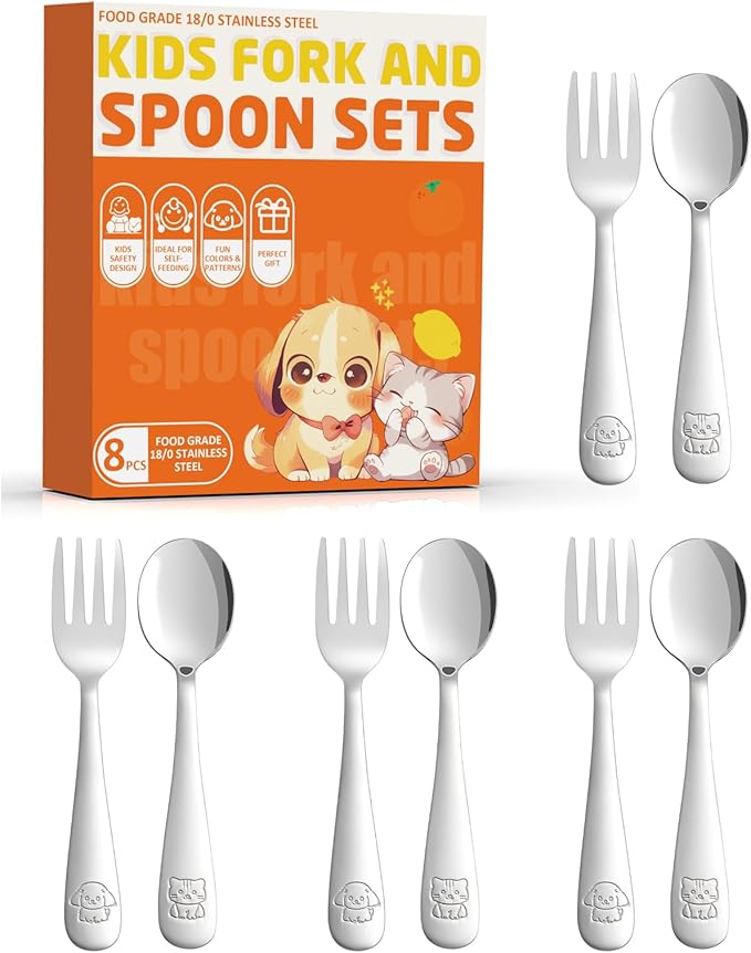 8-Piece Toddler Utensils Set, Food Grade Stainless Steel Kids Silverware Set Including Forks and Spoons, Child-Sized, Dishwasher Safe