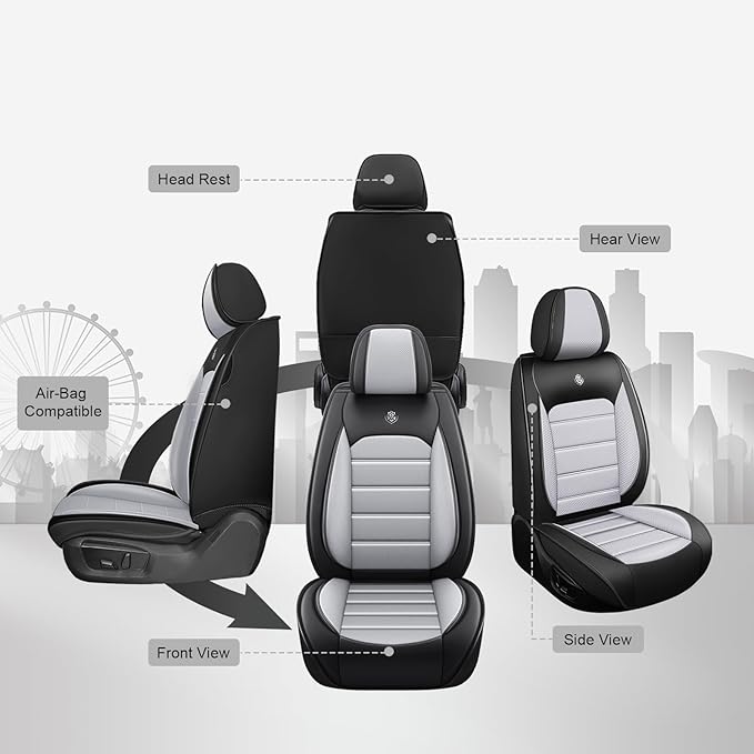 JOJ Car Seat Cover Fit for Toyota Highlander 2001-2025,7 Seat Car Seat Cover,No-Slip Waterproof Breathable Faux Leather Automotive Seat Covers Auto Interior Covers,Full Set,Black Gray