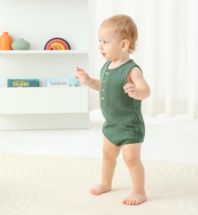 Baby Boy Romper 3 Pack Sleeveless Cotton Linen Tank Top Bodysuit | Breathable - Image 4