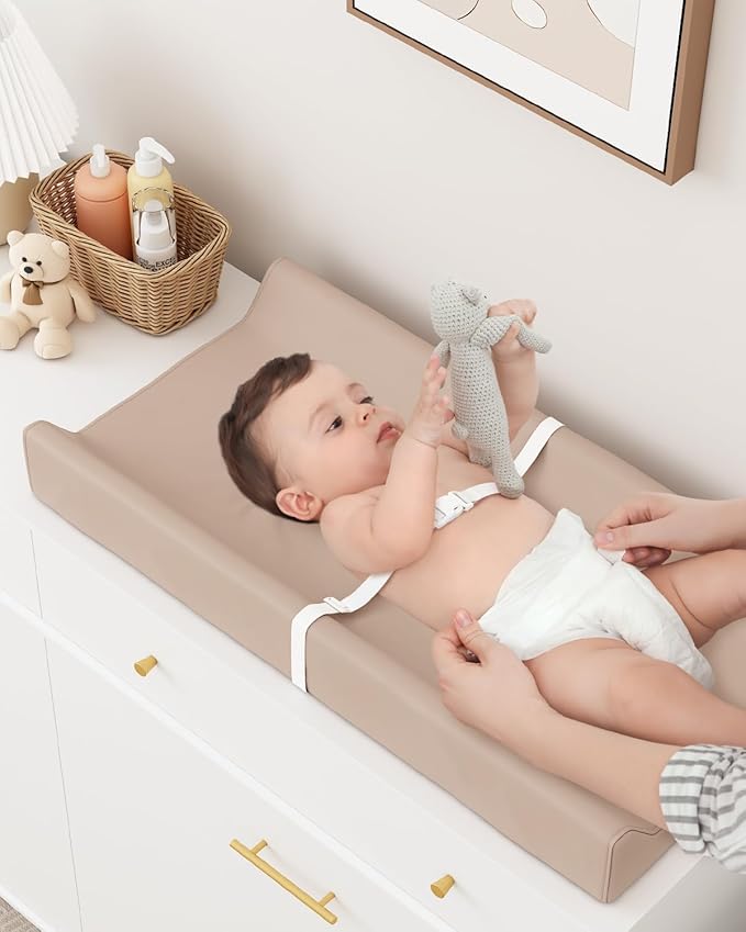 Wipeable Baby Changing Pad for Dresser and Table, Cozy Diaper Changing Pad with Waterproof & Wipe-Clean Leather Cover, Light Brown