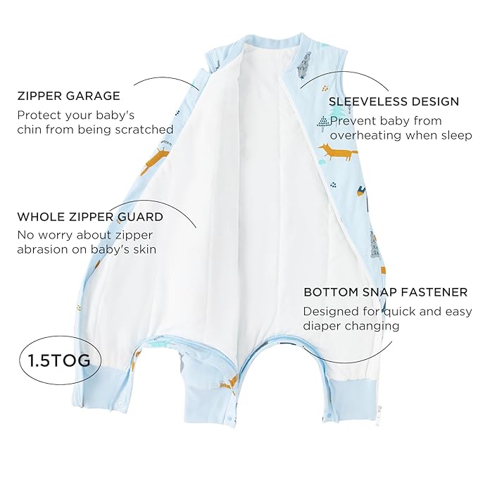 Duomiaomiao 1.5 TOG Toddler Sleep Sack 12-24 Months 100% Cotton Four Season Side Open Zipper Baby Sleep Sack with Feet, Breathable Toddler Wearable Blanket