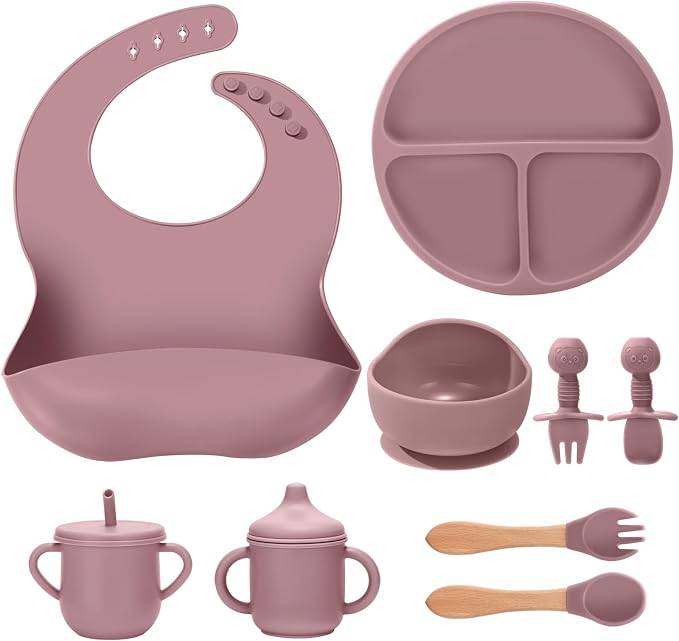 Silicone Baby Feeding Set 9 Pcs, Spill-Proof Suction Plate, Silicone spoon&forks by JELLDJKSiliconeBabyFeeding