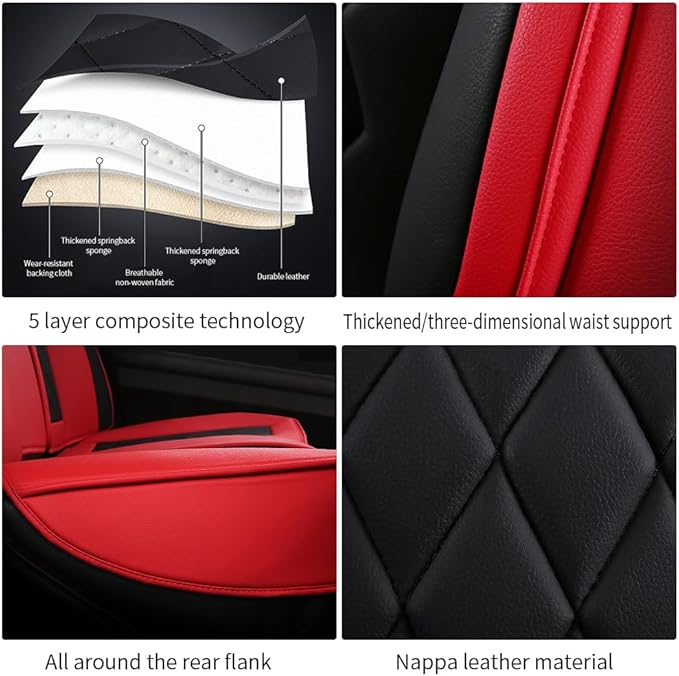 Leather Car Seat Covers for Volkswagen Atlas 2019-2023 Waterproof,Breathable and Non-Slip Napa Leather Car Interior Seat Covers,Comfortable and Durable,Easy to Install (5PCS,Luxury,Black+Red)