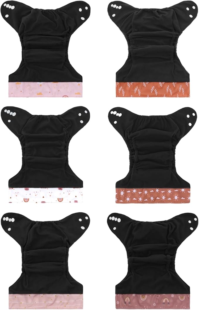 babygoal Reusable Charcoal Cloth Diapers with Double Gussets, 6 Pack Washable Baby Pocket Diapers with 6pcs Charcoal Inserts and Wet Dry Bag(Boho)
