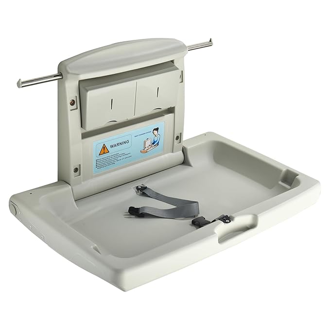Fold-Down Baby Changing Station - Wall-Mounted, Space-Saving Design with Safety Straps for Commercial & Residential Restrooms (Grey)