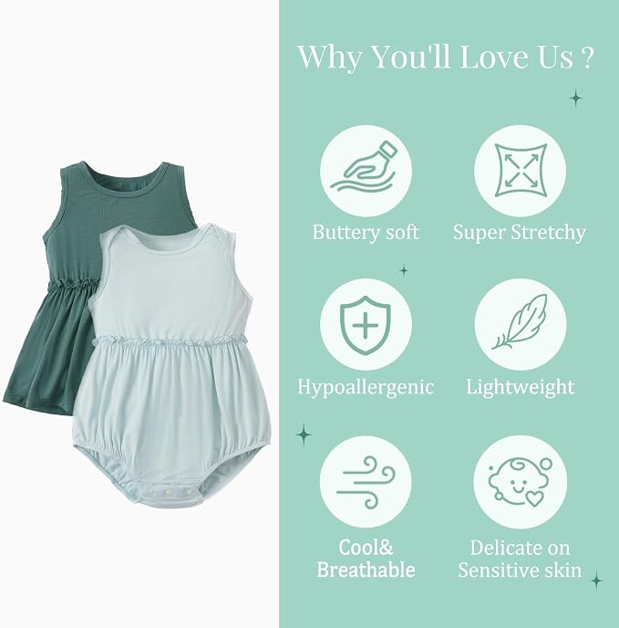 PATPAT Baby Girl Bamboo Viscose 2-Pack Romper & Dress | Color-Coded Snaps - Image 3