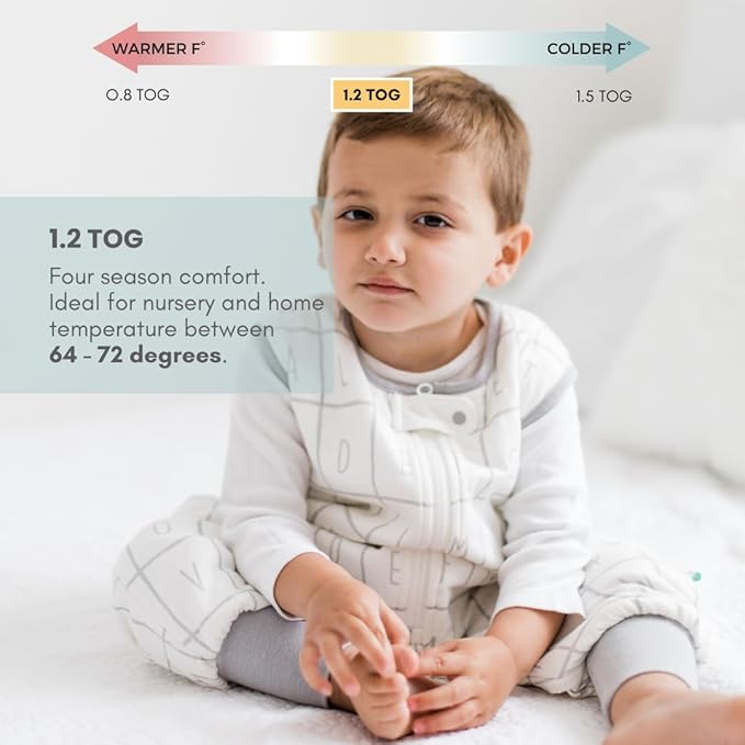 Tealbee Dreamsuit Toddler Sleep Sack with Feet – Walker Sleep Bag with Legs, Rayon made from Bamboo, All Season 1.2 TOG, 2-Way Zipper, 12m-2T - Alphabet