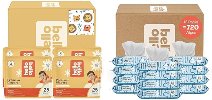 Hello Bello Diapers, Size 3 (14-24 lbs) Wild Cats, 100 Count Value Pack of Premium Disposable Baby Diapers, Hypoallergenic with Soft, Cloth-Like Feel + Extra Gentle Unscented Baby Wipes, 720 Count