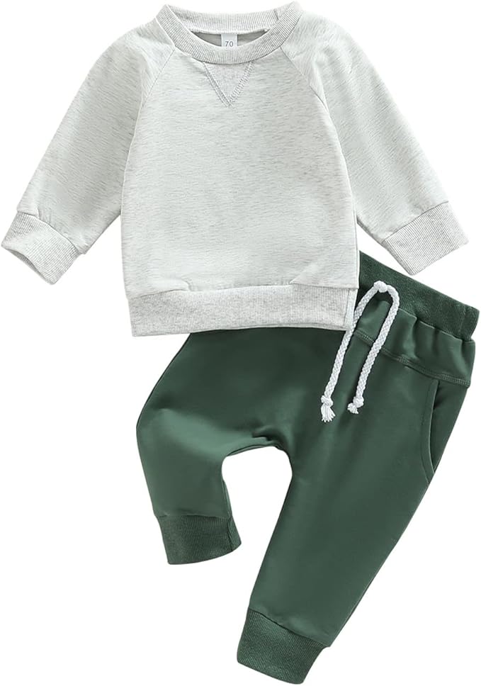 Toddler Baby Boy Clothes Solid Color Long Sleeve Crewneck Sweatshirt Top Casual Pants Set 2Pcs Fall Winter Outfits