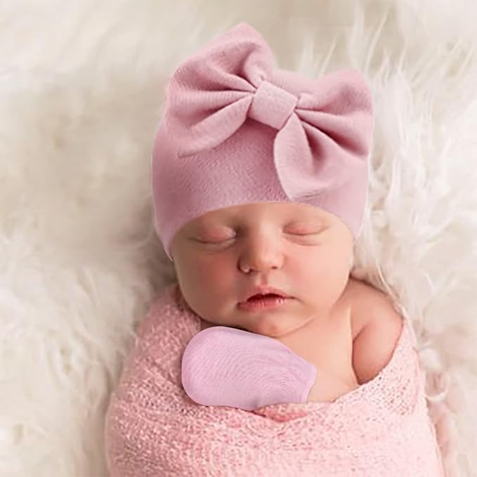 BQUBO Newborn Girls Hats Baby Hat and Mittens Set Infant Caps Bow Hospital - Image 3