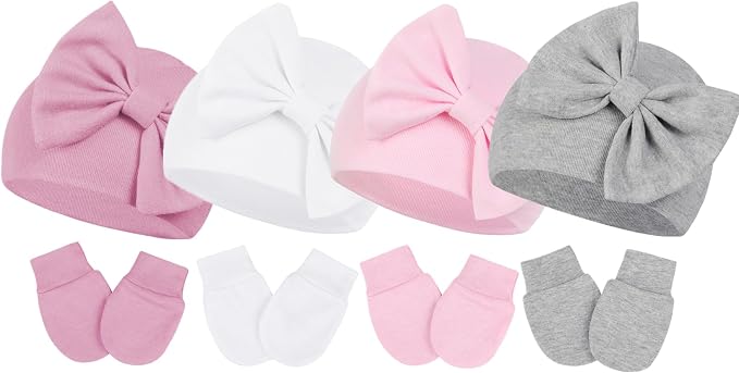 Newborn Baby Girl Hats and Mittens Set, Hospital Hat, Bow Beanie Infant Gift by CenturyStar