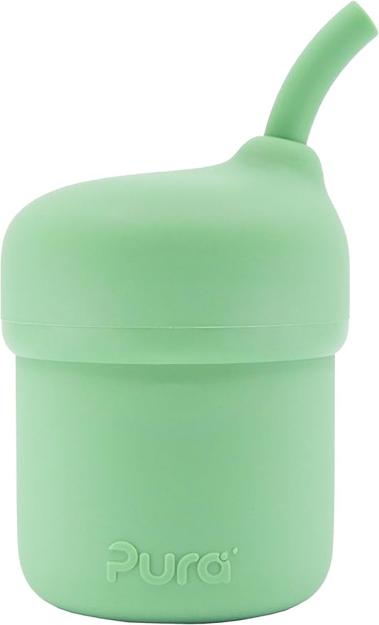 Pura my-my Silicone Sippy Cup - Training Cup, Reusable, Platinum Food Grade Medical Grade, Spill Proof Cups for Kids, Toddlers, Babies & Infants - 2-Pack Mint + Straw, Moss Combo