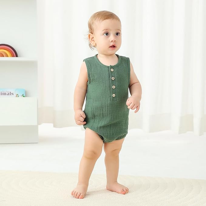 Baby Boy Romper 3 Pack Sleeveless Cotton Linen Tank Top Bodysuit | Breathable - Image 2