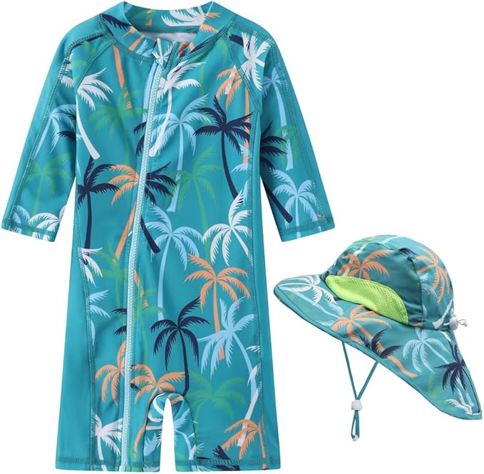 Toddler Baby Boys Swimsuit Rashguard One Piece Zipper Bathing Suit with Sun Hat Infant Swimwear Sunsuit UPF 50+