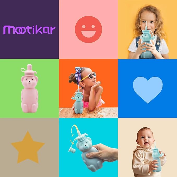 Honey Bear Silicone Straw Cup, Babies Water Drinking Cup, 8-Ounce Therapy Sippy Bottles for Speech and Feeding Training, BPA Free & Dishwasher Safe (AQUA)