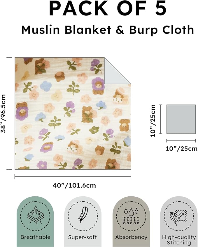 RILIHO 5 Pack Muslin Swaddle Blankets & Baby Burp Cloths, Soft & Breathable - Image 3