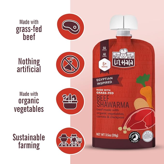 Li’l Hala Baby Food Pouches – Grass-Fed Beef Shawarma & Organic Veggies – Toddler Puree with Meat – High Protein, Healthy Fats – BPA-Free – No Sugar or Hormones – 6+ Months – 3.5 oz (12 Pack)