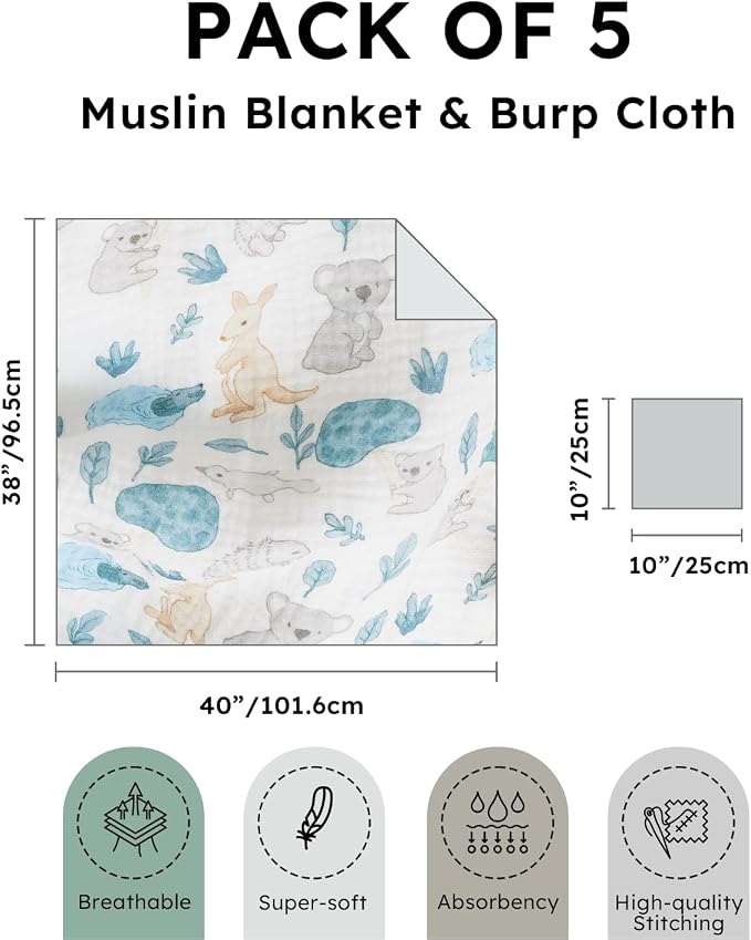 5 Pack Muslin Swaddle Blankets & Baby Burp Cloths, Soft & Breathable Cotton - Image 3